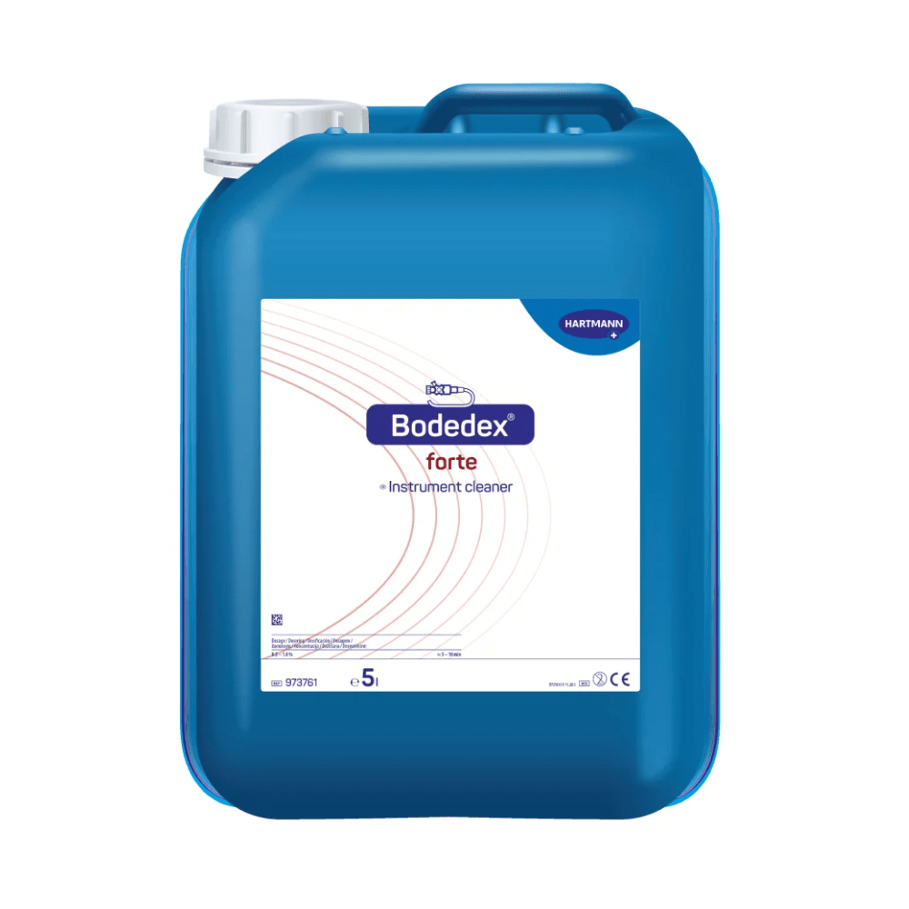 Un bidon en plastique bleu avec l'inscription « Hartmann Bodedex® forte nettoyant pour instruments » de Paul Hartmann AG, avec un indicateur de niveau et des descriptions de produits multilingues.