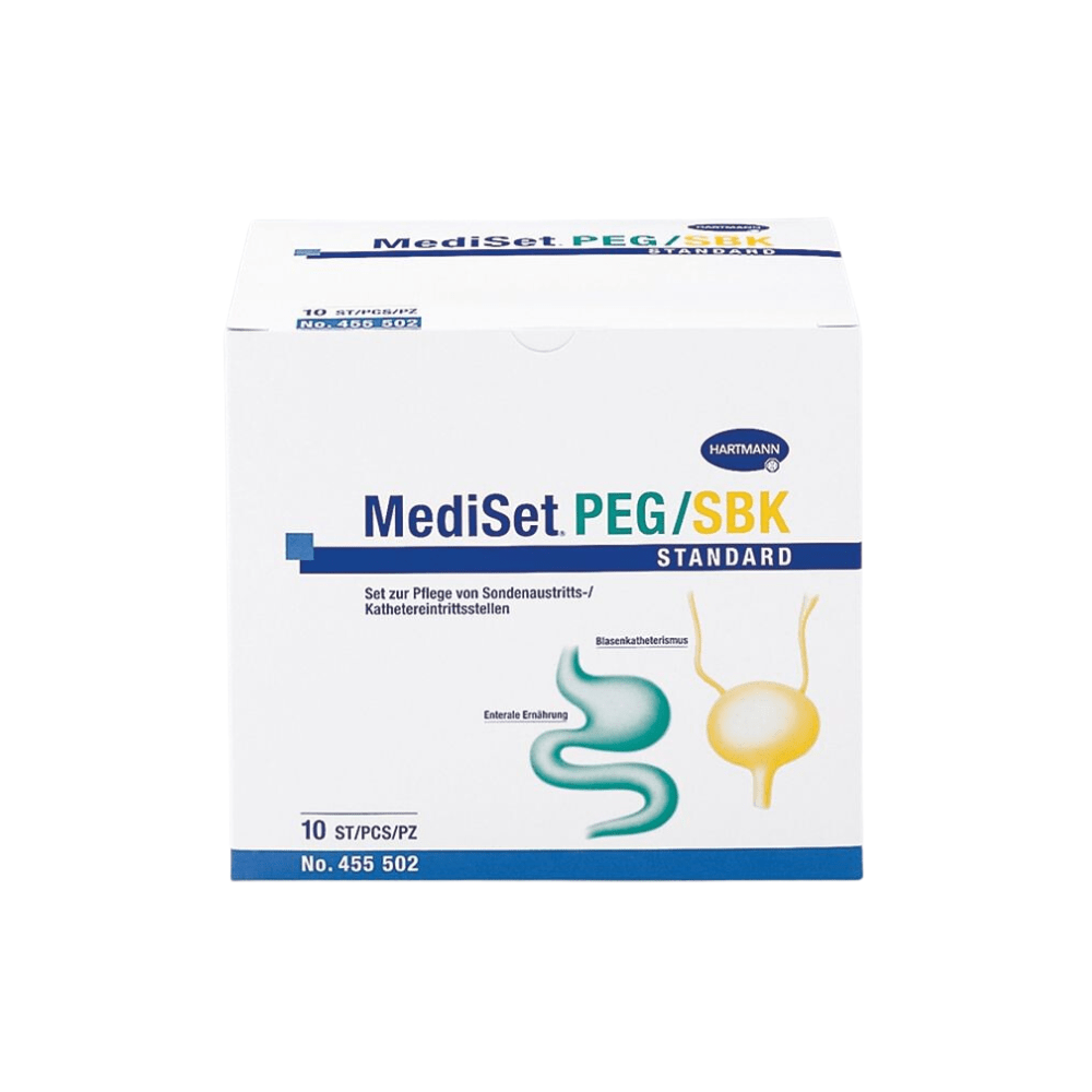 Afbeelding van een doos met het opschrift „Hartmann MediSet PEG/SPK Standard Katheter-Set, steriel“. Dit product van Paul Hartmann AG bevat 10 sets voor katheterverzorging. Op de voorkant staan afbeeldingen van het spijsverteringskanaal en de katheter; op de verpakking staat het productnummer 455 502 en Duitse tekst.