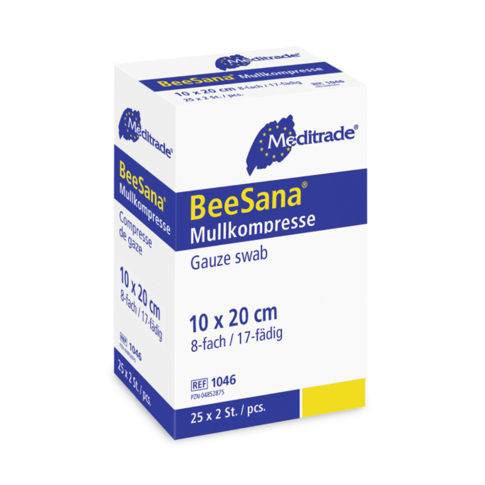 Une boîte de compresses de gaze Meditrade BeeSana®, stériles simples, tampons de gaze stériles à 8 plis, dimensions 10 x 20 cm, composés de 8 couches et 17 fils. Meditrade GmbH.