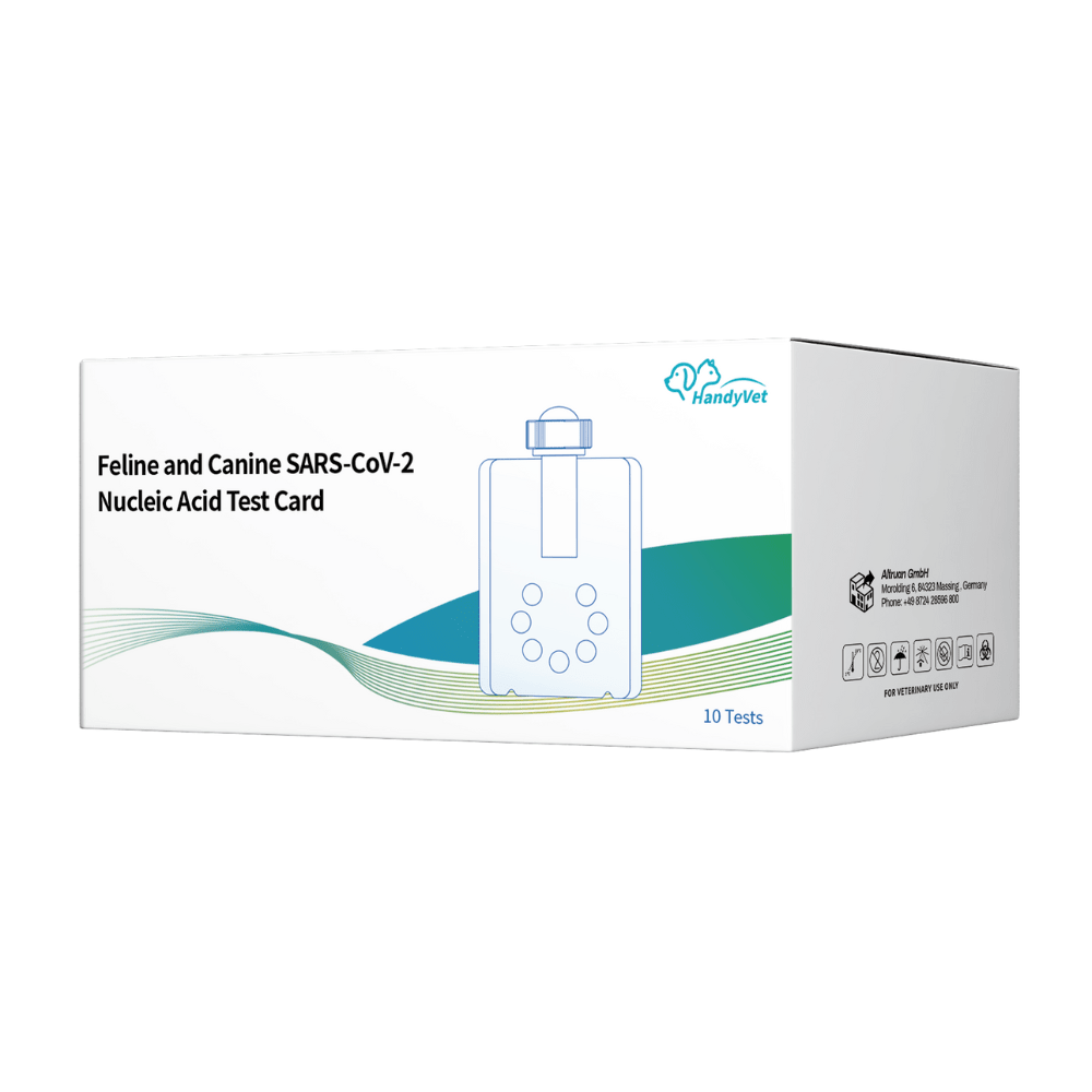 Une boîte blanche portant la mention « Kits de test PCR Handyvet SARS-CoV-2 pour la médecine vétérinaire » de la marque Pluslife, ornée de vagues bleues et vertes, du logo HandyVet et des symboles indiquant 10 tests — idéale pour les applications vétérinaires.