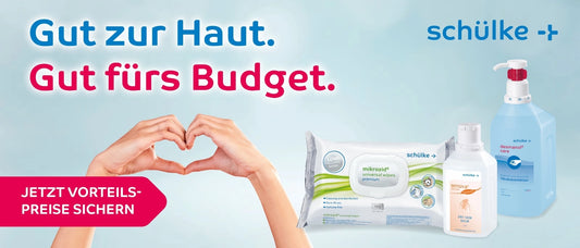 Werbung von Schülke mit dem Slogan Gut zur Haut. Gut fürs Budget.. Links Hände, die ein Herz formen, darunter ein pinker Hinweis Jetzt Vorteilspreise sichern. Rechts im Bild drei Schülke-Produkte: mikrozid universal wipes premium (Desinfektionstücher), sensiva dry skin balm (Hautpflege) und desmanol care (Handdesinfektion).