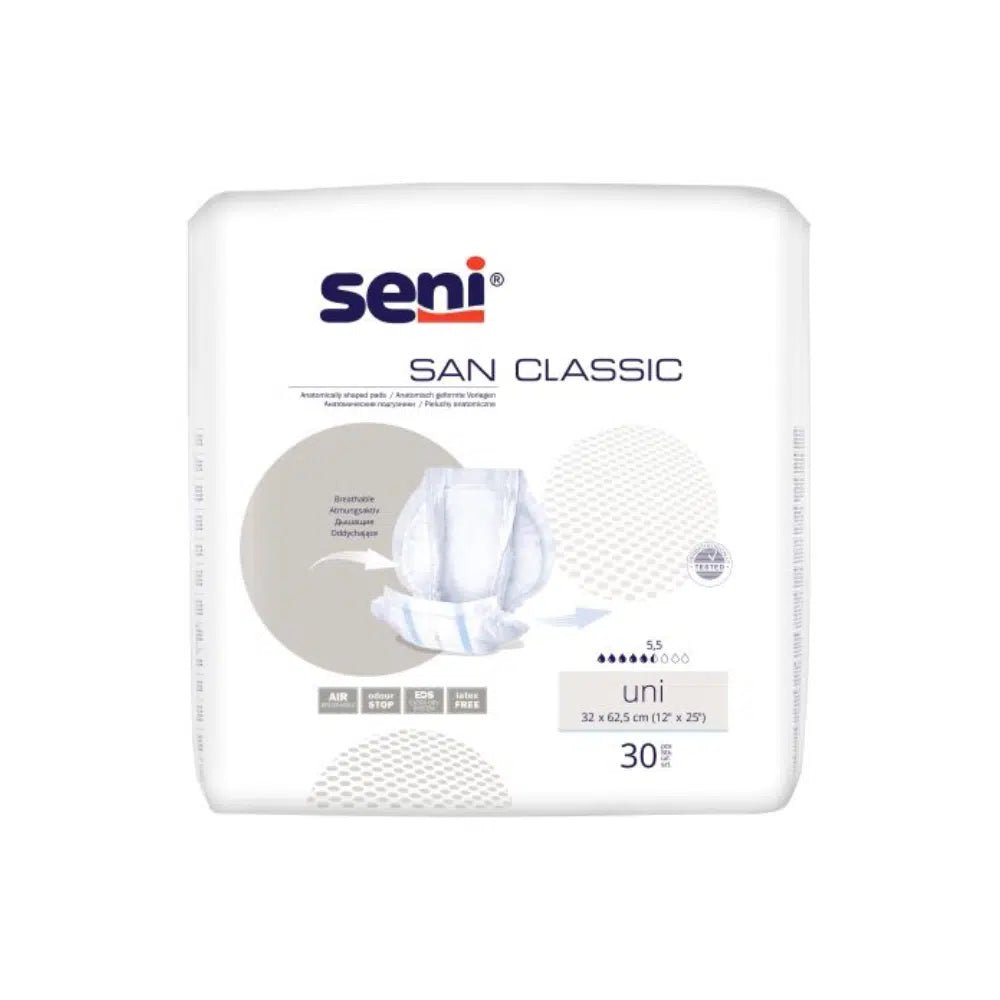 Op de afbeelding is een verpakking San te zien Seni Classic Uni-incontinentieverband van TZMO Deutschland GmbH. De verpakking is overwegend wit met blauwe en beige accenten en bevat een tekst met informatie over het absorptievermogen en de maat. Voor extra draagcomfort zitten er 30 verbanden in de verpakking.