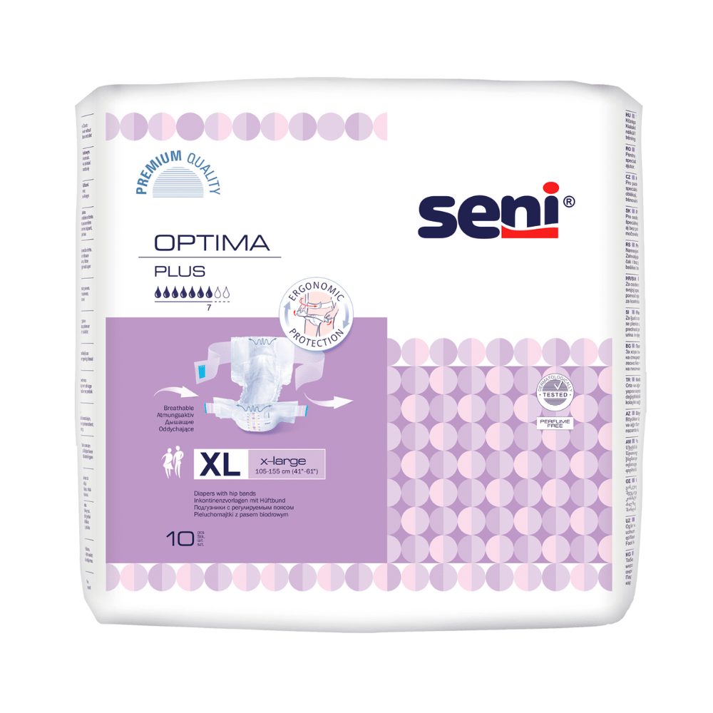 Un paquet Seni Les protections pour l'incontinence Optima Plus avec ceinture, de la marque TZMO Deutschland GmbH, taille XL, au motif violet et blanc, offrent une protection de haute qualité et ergonomique au niveau de la taille. Contenu : 10 pièces.