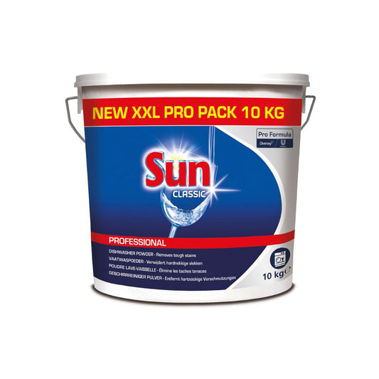 Ein 10 kg weißer Kunststoffeimer mit Auslaufartikel: Sun Pro Formula Powder Classic Geschirrspülmittelpulver von Diversey Deutschland GmbH & Co. OHG, mit der Aufschrift "NEW XXL PRO PACK 10 KG" und einem mehrsprachigen blauen, roten und weißen Etikett.