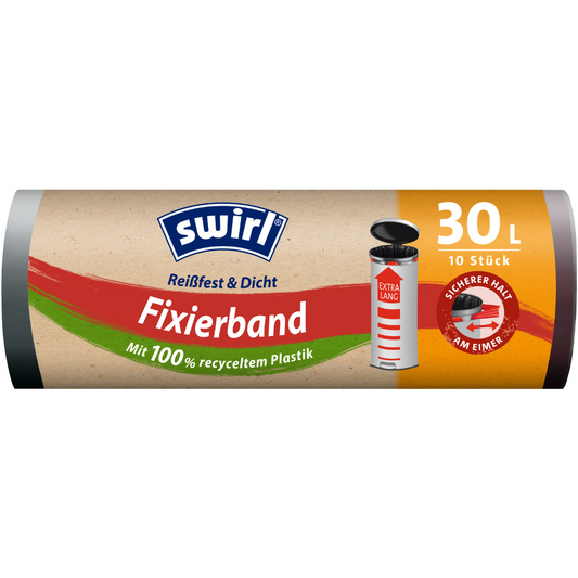 Abgebildet ist eine Rolle Swirl Fixierband-Müllbeutel XL 30 l extra Lang der Melitta Europa GmbH & Co. KG in ihrer Verpackung mit dem Aufdruck 30 Liter Fassungsvermögen, bestehend aus 100 % Recycling-Kunststoff und einem Inhalt von 10 Beuteln.