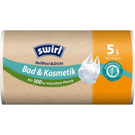 Eine Rolle Swirl Tragegriff-Müllbeutel Bad- & Kosmetik 5L (40 Beutel) der Melitta Europa GmbH & Co. KG, hergestellt aus 100 % recyceltem Kunststoff mit antibakteriellem Schutz, ist als reißfest und auslaufsicher gekennzeichnet.