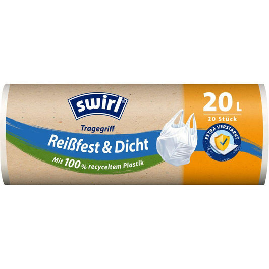 Eine Rolle Melitta Europa GmbH & Co. KG Swirl Tragegriff-Müllbeutel 20 l Reißfest & Dicht, 20 Beutel pro Packung, besteht zu 100 % aus recyceltem Kunststoff und ist auf der Verpackung mit einem weißen Müllbeutelbild versehen, das als „umweltfreundlich“ hervorgehoben ist.