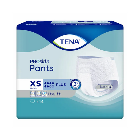 Die Verpackung der TENA Proskin Pants Plus Inkontinenzhosen in Größe XS hebt Features wie FeelDry Advanced und feuchtigkeitsreduzierende Technologie hervor. Die blau-weiße Verpackung mit der Marke TENA – Essity Germany GmbH zeigt ein Bild der Inkontinenzhosen und enthält 14 Stück.