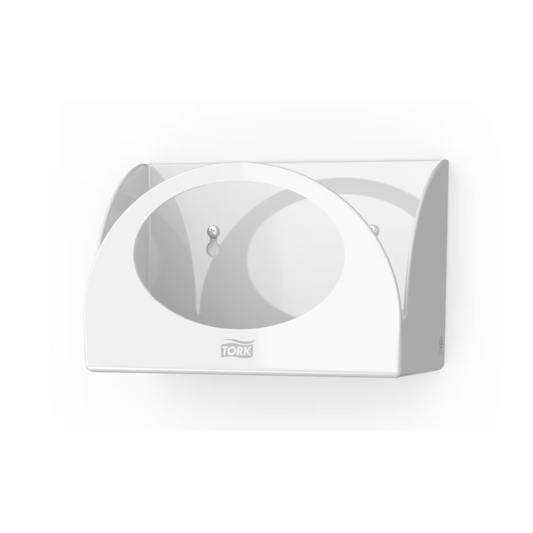 Der Tork 655100 Small Pack Papierspender Performance W8, hergestellt von TORK – Essity Professional Hygiene Germany GmbH, ist ein weißer, wandmontierter Tissue-Box-Halter, der eine platzsparende Wandanbringung ermöglicht. Er hat ein offenes Frontdesign mit zwei sichtbaren Schrauben im Inneren und ist mit „Tork“ gekennzeichnet, um hygienischer Schutz zu gewährleisten.