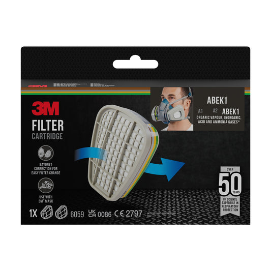 Die 3M™ Filterpatrone 6059 ABEK1-Kombinationsfilter (1 Paar/Packung) von 3M Deutschland GmbH verfügt über eine Kennzeichnung zum Schutz vor organischen Stoffen, Säuren und Ammoniak, abgebildet mit einer Kartusche und einer Person mit Atemschutzmaske. Über 50 Jahre Erfahrung im Bereich Sicherheit.