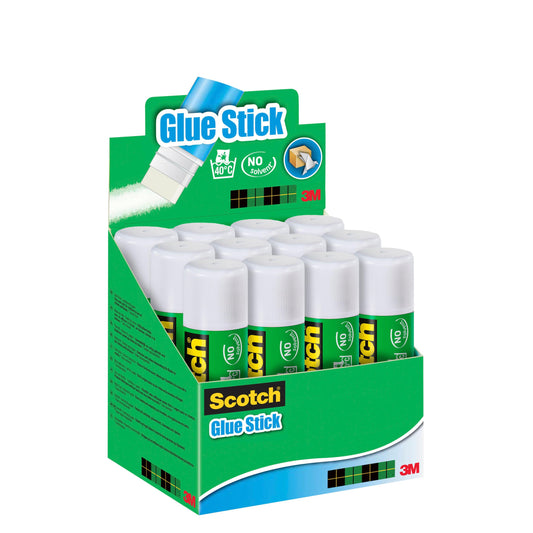 Ein grüner Displaykarton der 3M Deutschland GmbH enthält zwölf Scotch® Permanent-Klebestifte (40 g, 1 Stück) mit weißen Kappen. Die Verpackung zeigt "No Solvent", ein Temperatursymbol und das 3M-Logo auf Karton und Stift.