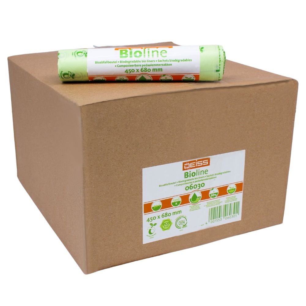 Un grand carton marron portant l'inscription « EMIL DEISS KG (GmbH + Co.) » et un rouleau de sacs poubelle bio DEISS de 30 litres, référence 06030. Le rouleau mesure 450 x 680 mm et comporte des symboles indiquant que le sac est compostable et biodégradable.