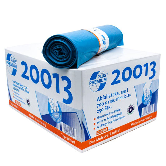 In einem weißen Karton mit der Aufschrift „20013“ befinden sich blaue DEISS Premium Plus® Typ 60 Müllsäcke der EMIL DEISS KG (GmbH + Co.). Ein Sack ist ausgerollt und obenauf gelegt. Der deutsche Text beschreibt die Klimaneutralen Abfallsäcke mit einem Fassungsvermögen von 120 Litern, den Abmessungen 700 x 1100 mm und einem Fassungsvermögen von 250 Säcken. Auf dem Karton ist außerdem vermerkt, dass das Produkt „Made in Germany“ ist.