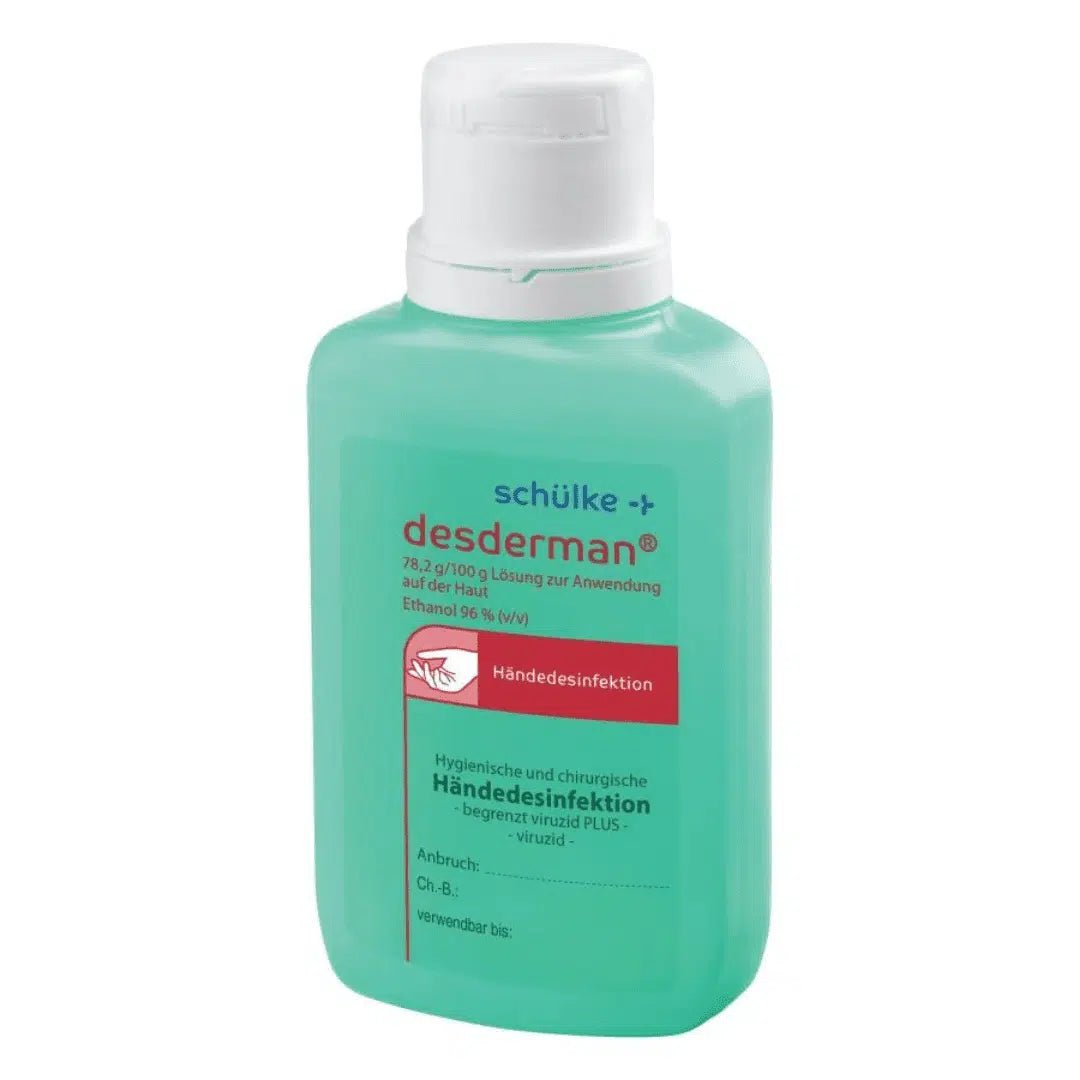 Een fles Schülke desderman® handdesinfectiemiddel met een turquoise etiket en een witte dop, voorzien van tekst en afbeeldingen die wijzen op het gebruik voor virucide handdesinfectie, bevat 78,2 g ethanol per