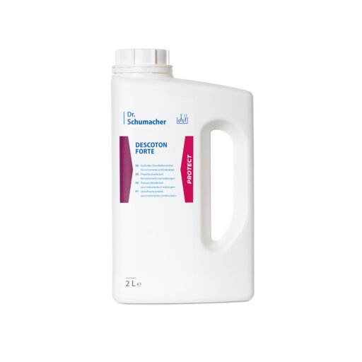 Afgebeeld is een witte 2-liter kunststof fles van Dr. Schumacher GmbH DESCOTON FORTE instrumentendesinfectiemiddel met handvat en schroefdop, blauw en magenta etiket, op een witte achtergrond.
