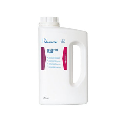 Afgebeeld is een witte 2-liter kunststof fles van Dr. Schumacher GmbH DESCOTON FORTE instrumentendesinfectiemiddel met handvat en schroefdop, blauw en magenta etiket, op een witte achtergrond.