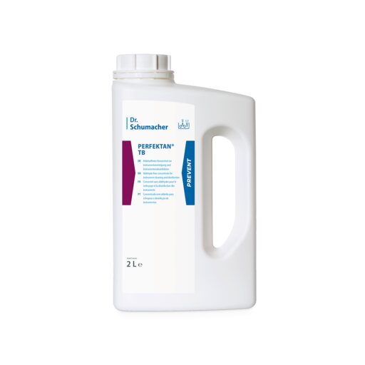 Un conteneur en plastique blanc de 2 litres avec une poignée et un bouchon à vis de Dr. Schumacher GmbH avec l'inscription "Dr. Schumacher PERFEKTAN TB désinfectant pour instruments" est orné sur le devant de graphiques bleus et marron et de détails sur le produit.