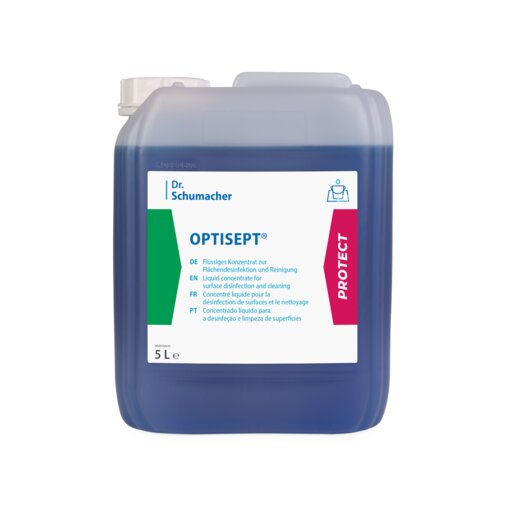 Un conteneur en plastique de 5 litres du nettoyant désinfectant Dr. Schumacher OPTISEPT® de Dr. Schumacher GmbH avec liquide bleu et étiquette blanche multilingue pour une désinfection et un nettoyage de surface efficaces.