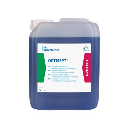 Un conteneur en plastique de 5 litres du nettoyant désinfectant Dr. Schumacher OPTISEPT® de Dr. Schumacher GmbH avec liquide bleu et étiquette blanche multilingue pour une désinfection et un nettoyage de surface efficaces.