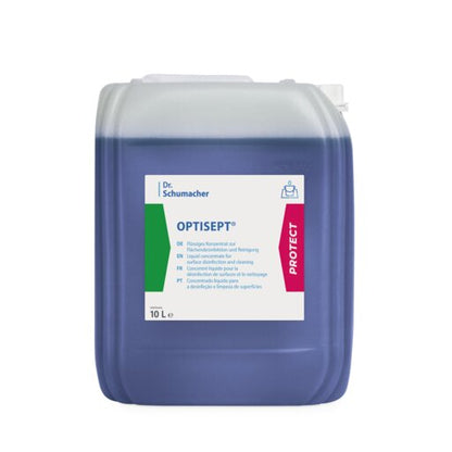 Un conteneur de 10 litres du nettoyant désinfectant OPTISEPT® de Dr. Schumacher GmbH avec liquide bleu, étiquette blanche avec informations multilingues et section "PROTECT" en rouge gras, est idéal pour une désinfection de surface efficace.