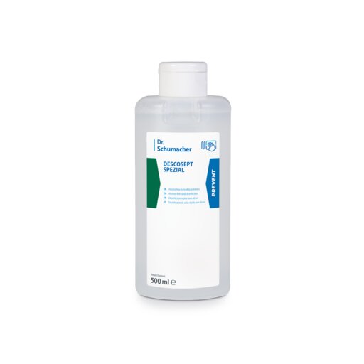 Une bouteille transparente de 500 ml de Dr. Schumacher GmbH avec l'inscription "Dr. Schumacher Descosept Spezial, désinfection rapide", avec un bouchon blanc et une étiquette accentuée de bleu-vert, idéale pour la désinfection rapide sans alcool de l'équipement médical.