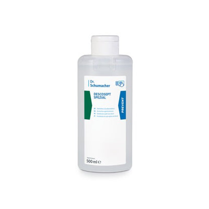 Une bouteille transparente de 500 ml de Dr. Schumacher GmbH avec l'inscription "Dr. Schumacher Descosept Spezial, désinfection rapide", avec un bouchon blanc et une étiquette accentuée de bleu-vert, idéale pour la désinfection rapide sans alcool de l'équipement médical.