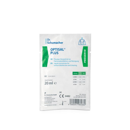 Het witte 20-ml-zakje "Dr. Schumacher Optisal® Plus desinfectiereiniger" van Dr. Schumacher GmbH met groene en blauwe accenten is bedoeld voor oppervlakte-desinfectie en bevat instructies in het Duits en Engels.