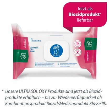Un paquet de lingettes désinfectantes Dr. Schumacher Ultrasol Oxy Wipes (108 lingettes) est marqué du symbole bleu "Use Gloves" (utiliser des gants) et indique leur disponibilité en tant que produit biocide, le texte allemand soulignant l'utilisation pour l'inventaire médical.