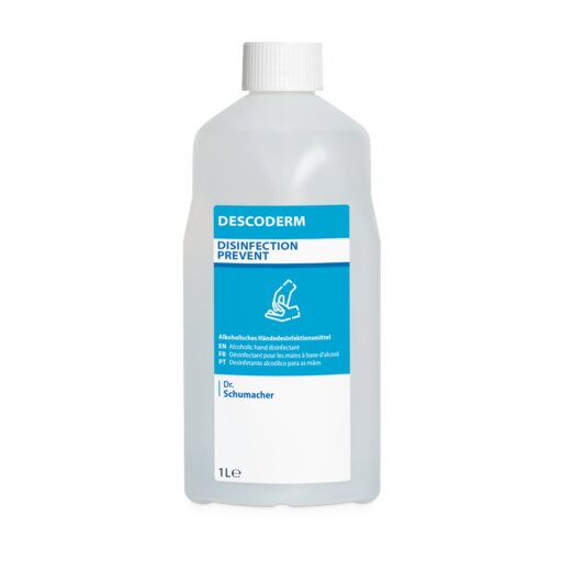 Une bouteille en plastique de 1 litre portant l'inscription "Dr. Schumacher Descoderm Industrial Handdesinfektion" de Dr. Schumacher GmbH, avec une étiquette bleu-blanc, désinfectant pour les mains sans parfum à base d'alcool.