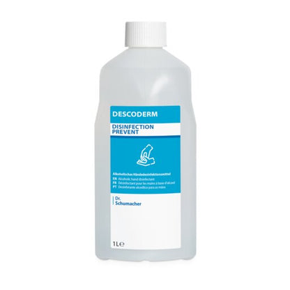 Une bouteille en plastique de 1 litre portant l'inscription "Dr. Schumacher Descoderm Industrial Handdesinfektion" de Dr. Schumacher GmbH, avec une étiquette bleu-blanc, désinfectant pour les mains sans parfum à base d'alcool.