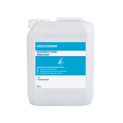 Un conteneur de 5 litres en plastique blanc portant l'inscription "Dr. Schumacher Descoderm Industrial Handdesinfektion" de Dr. Schumacher GmbH, avec des informations en anglais, français et portugais ; un désinfectant alcoolisé sans parfum pour une désinfection efficace des mains.