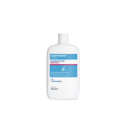 Het Dr. Schumacher Aseptoman® forte handdesinfectiemiddel van Dr. Schumacher GmbH in de witte 150 ml kunststof fles met blauw-roze etiket en flip-top sluiting bevat een virucide en huidvriendelijke vloeistof.