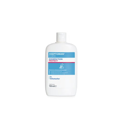 Het Dr. Schumacher Aseptoman® forte handdesinfectiemiddel van Dr. Schumacher GmbH in de witte 150 ml kunststof fles met blauw-roze etiket en flip-top sluiting bevat een virucide en huidvriendelijke vloeistof.