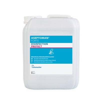 Een witte, doorschijnende 5-liter container met het opschrift "Dr. Schumacher Aseptoman® forte handdesinfectiemiddel" van Dr. Schumacher GmbH, een alcoholisch, huidvriendelijk handdesinfectiemiddel met virucide werking. Het etiket is in het Duits, Engels en Frans.