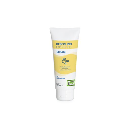 Een 100-ml tube Dr. Schumacher DESCOLIND EXPERT LIGHT CREAM handcrème van Dr. Schumacher GmbH, met witte dop en geel-blauw etiket, staat rechtop voor witte achtergrond - ideaal voor de gevoelige huid en hypoallergeen.