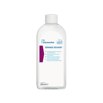 Une bouteille transparente de 250 ml avec bouchon blanc et inscription bleue "Dr. Schumacher ORANGE SOLVENT nettoyant pour instruments" de Dr. Schumacher GmbH est idéale pour le nettoyage des dispositifs médicaux (nettoyant à l'huile d'orange).