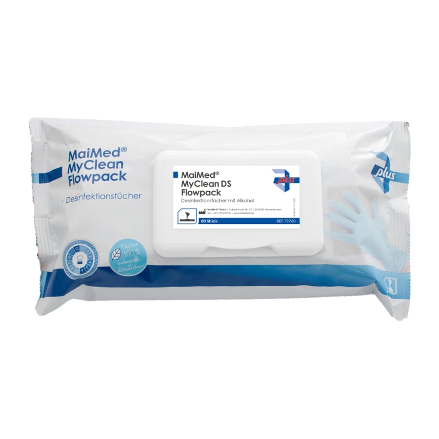 MaiMed MyClean DS Flowpack, 80 feuilles 20x20 cm, lingettes imbibées | Paquet (80 pièces)