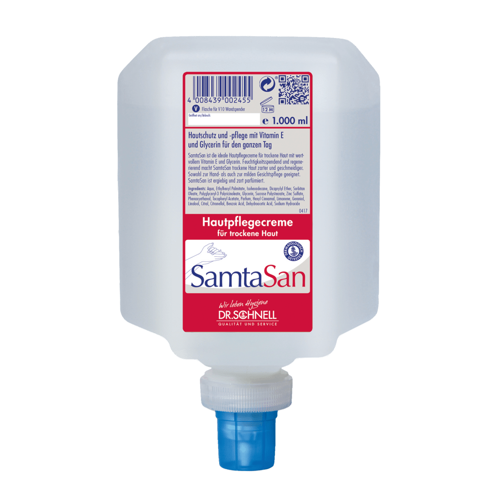 La bouteille distributrice de 1.000 ml Dr. Schnell SAMTASAN de DR.SCHNELL GmbH & Co. KGaA dispose d'une étiquette allemande rouge et blanche, d'une buse bleue et est idéale pour le nettoyage professionnel et l'utilisation avec des outils de nettoyage.