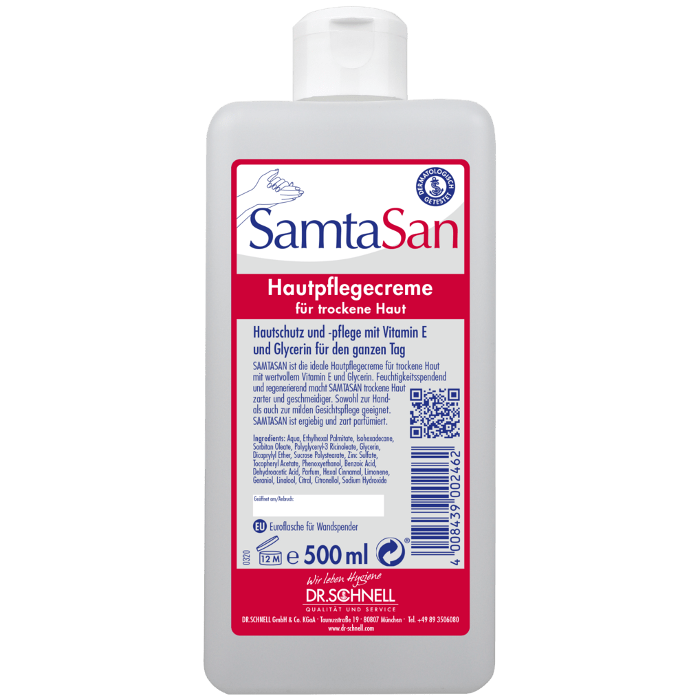 La bouteille distributrice de 500 ml DR.SCHNELL GmbH & Co. KGaA Dr. Schnell SAMTASAN est une crème de soin blanche pour peau sèche, avec un bouchon à rabat et une étiquette allemande, idéale pour le nettoyage professionnel et l'utilisation avec des appareils de nettoyage.