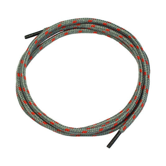 AS Arbeitsschutz GmbH : lacets NITRAS gris/rouge (120 cm, 1 paire) avec des motifs rouges et des extrémités noires – présentés avec élégance sur fond blanc.