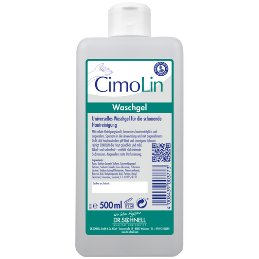 Eine 500 ml Dr. Schnell CIMOLIN Spenderflaschen Hautreinigung der DR.SCHNELL GmbH & Co. KGaA steht aufrecht, hat ein überwiegend weißes Etikett mit blau-grünen Akzenten, einen QR-Code und einen blauen Verschluss.