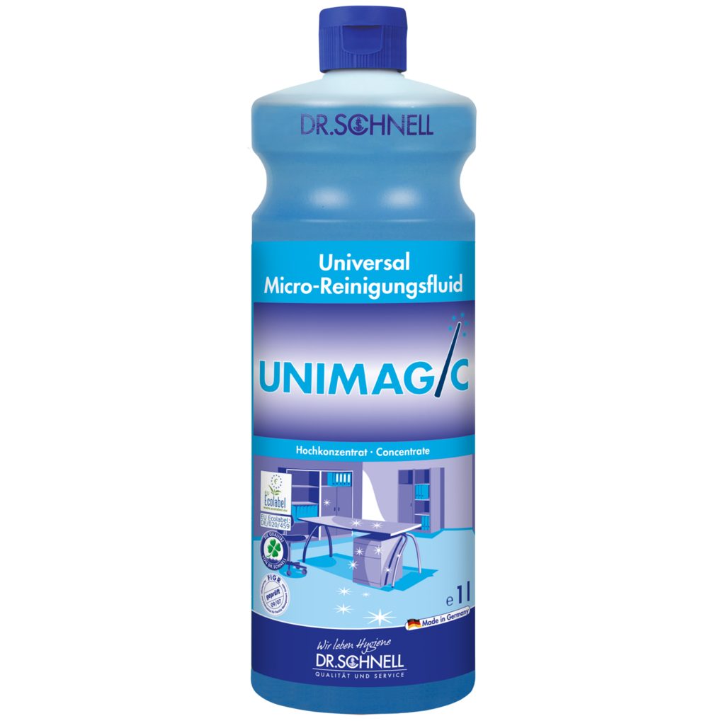 Eine blaue 1-Liter-Flasche Dr. Schnell UNIMAGIC Universalreiniger der DR.SCHNELL GmbH & Co. KGaA mit blauem Verschluss und einem Etikett mit Produktangaben und Reinigungssymbolen.