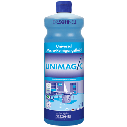 Une bouteille bleue de 1 litre Dr. Schnell de nettoyant universel UNIMAGIC de DR.SCHNELL GmbH & Co. KGaA avec un bouchon bleu et une étiquette avec des informations sur le produit et des symboles de nettoyage.