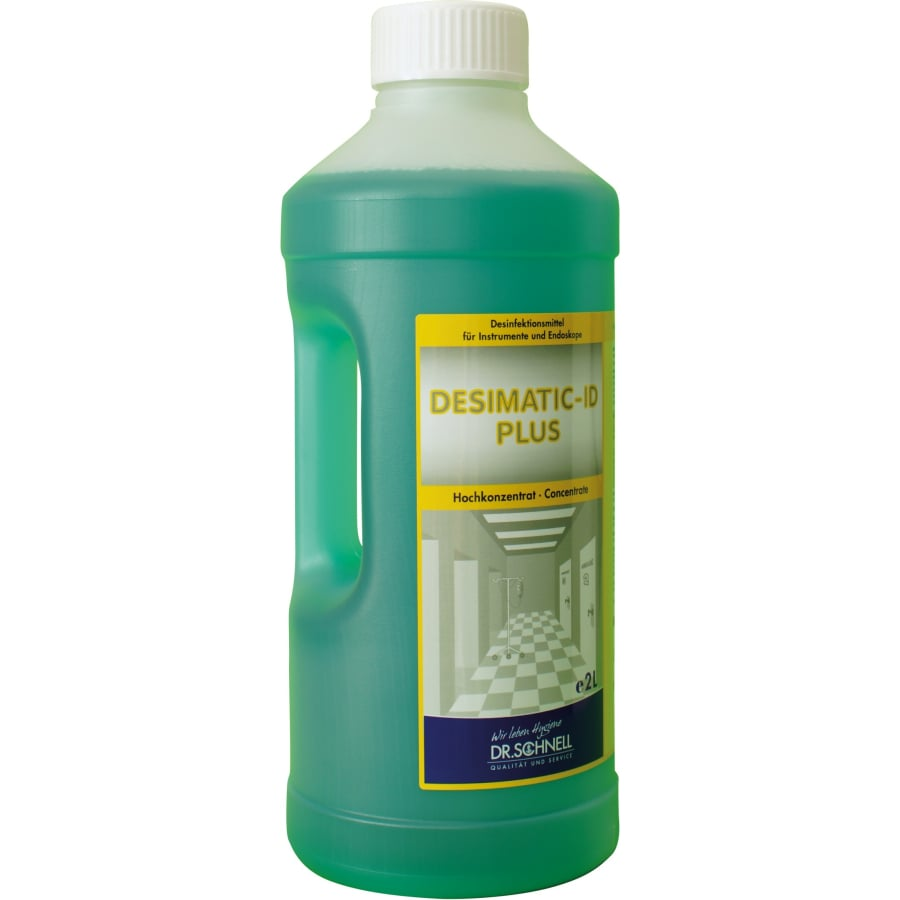 Eine grüne 2L-Kunststoffflasche mit weißem Verschluss enthält Dr. Schnell DESIMATIC-ID PLUS Desinfektionsmittel für Instrumente von DR.SCHNELL GmbH & Co. KGaA; das Etikett zeigt eine Produktinformation und die Abbildung eines sauberen, leeren Flurs.