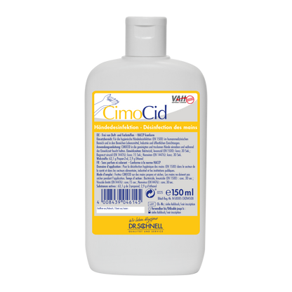 Weiße Kunststoffflasche mit Dr. Schnell CIMOCID SENSITIVE Händedesinfektion (150 ml) der DR.SCHNELL GmbH & Co. KGaA, mit gelb/blauem deutschem und französischem Etikett mit Angaben zur effektiven Keimreduktion, Barcode und geschlossenem Verschluss.
