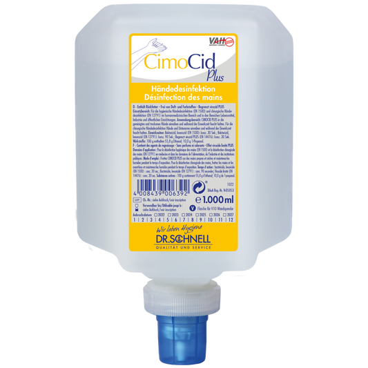 Ein 1000-ml-Behälter der Dr. Schnell CIMOCID PLUS Händedesinfektion der DR.SCHNELL GmbH & Co. KGaA, mit einem blauen Spenderverschluss und einem gelb-weißen Etikett mit Informationen in deutscher und französischer Sprache.
