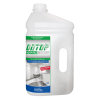 Een fles van 3 liter DR.SCHNELL ONTOP HOSPITAL BRILLIANT hoogwaardige vloercoating, glanzend, van DR.SCHNELL GmbH & Co. KGaA; voorzien van een handvat, een schroefdop en een blauwgroen etiket met productgegevens en een afbeelding van een ziekenhuisgang.