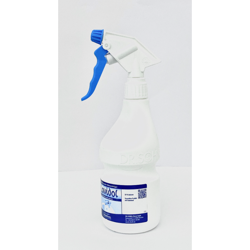 Ein weißer Dr. Schnell Handsprüher leer 600 ml von DR.SCHNELL GmbH & Co. KGaA mit blauem Abzug steht aufrecht auf einer weißen Fläche - perfekt für Reinigungsmittel und kombiniert Effizienz mit einem schlichten Design vor einem schlichten Hintergrund.