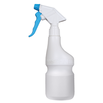 Der Dr. Schnell Handsprüher leer 600 ml von DR.SCHNELL GmbH & Co. KGaA ist eine weiße Kunststoff-Sprühflasche mit blauem Sprühkopf, leer auf weißem Hintergrund, ideal für Reinigungsmittel und mit geprägtem Branding.