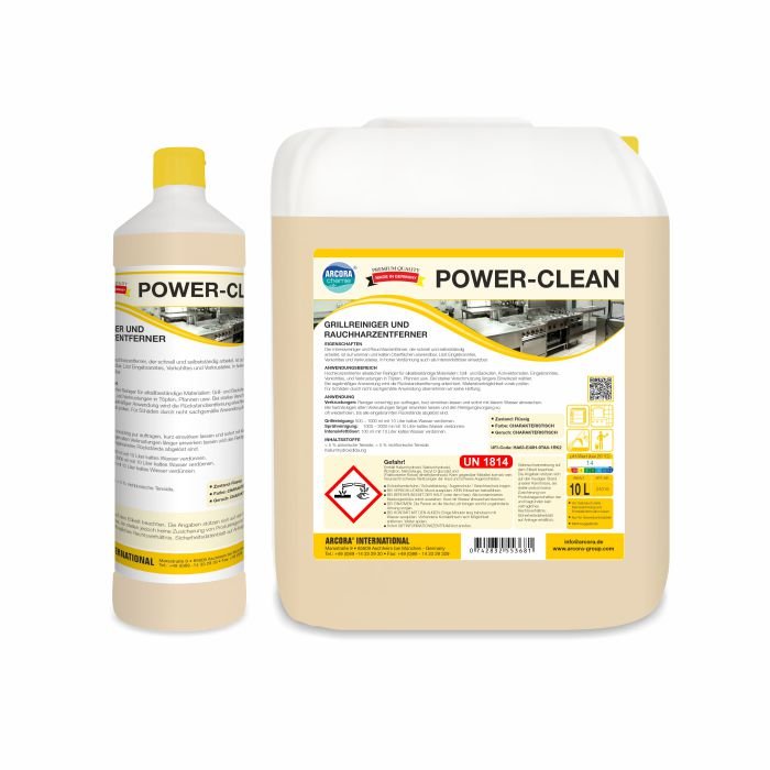 Afgebeeld zijn twee Arcora POWER-CLEAN GRILLREINIGER EN ROOKHARZVERWIJDERAAR van Arcora International GmbH: een 1L-fles en een 10L-kan met gele doppen, Duitse etiketten en veiligheidsinformatie - perfect voor het verwijderen van grillresten.